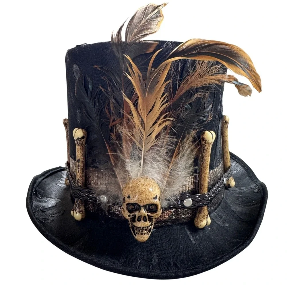 Spirit Halloween Voodoo Witch Doctor Top Hat Skull Bones Feathers Black Costume